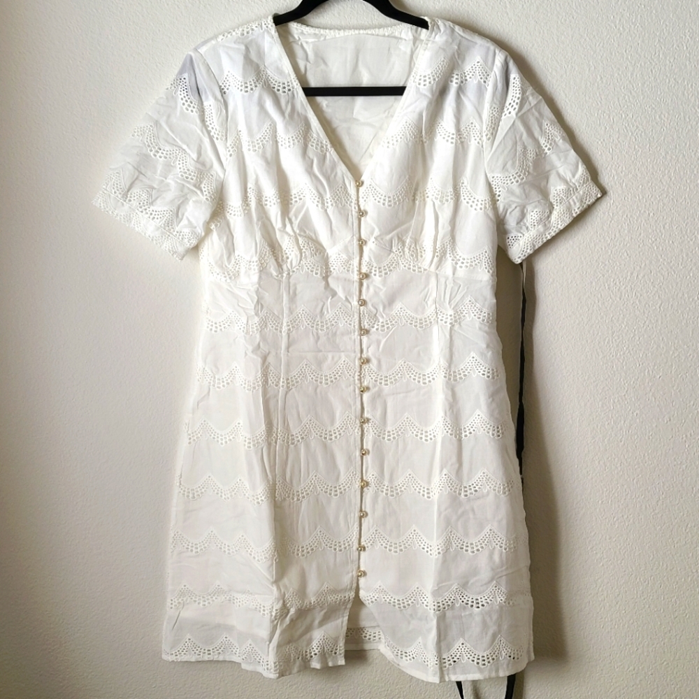 White delicate Meline Dress with pearl button